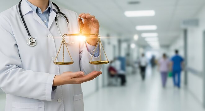 Doctor holding scales of justice in hospital hallway representing medical malpractice legal ethics and healthcare law reform for patient rights and fair compensation