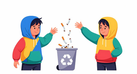 Children throwing cigarette butts into recycling bin