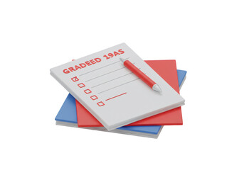 積み重ねられた本と赤いペンと白いチェックリストのノートと黒い背景のグラデーションレンダリング