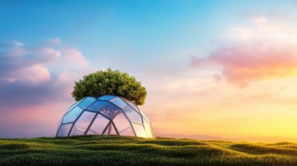 Geometry Futuristic glass dome structure with symmetrical hexagonal patterns.