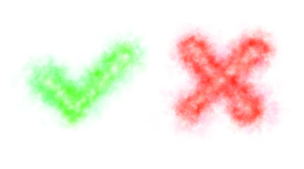 Glowing green check mark and red cross made of smoky neon light effect on a transparent background, Perfect for UI indicators web design app icons and concept visuals of correct and wrong