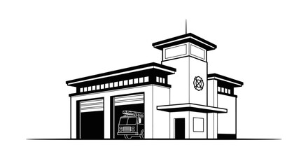 Black and white line art illustration of a fire station building with a central tower and a fire truck visible in the garage bay.