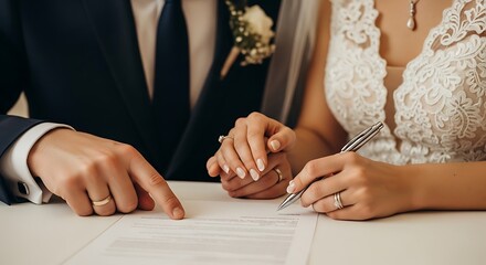 Close-up of a bride and groom holding hands signing their wedding certificate intimately