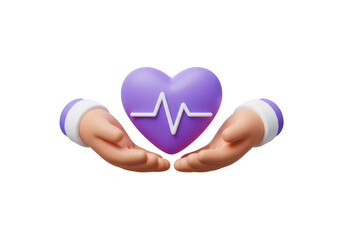 紫色の心臓を保護する手の3Dレンダリング透明な背景における医療と健康の概念