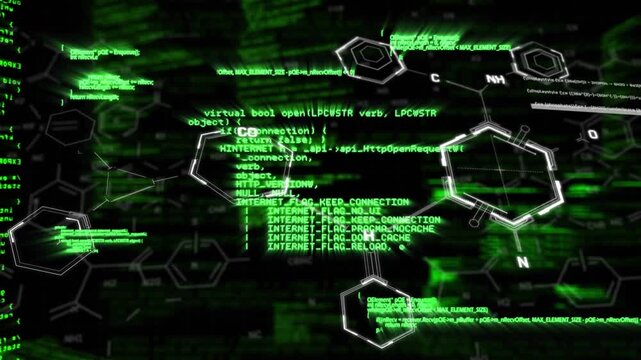 green code scrolling causing hexagons drifting through pulsing code frame, visualizing molecules