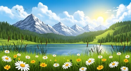 Fototapeta premium Beautiful scenic landscape with snowcapped mountains, a serene lake, lush green forest, and a field of wildflowers under a bright sunny sky with clouds
