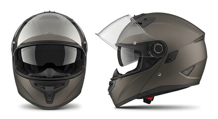 Modern full-face motorcycle helmet with dual visors for rider safety. Front and side profile view of protective headgear with sun shield, isolated on a clean white background
