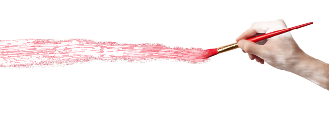 A hand holding a paintbrush is drawing a long red line on a white background isolated on a white background with a clipping path