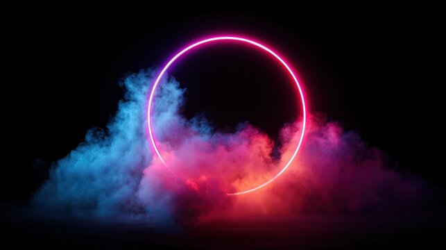 Glowing neon circle with colorful smoke on dark background futuristic abstract design - Powered by Adobe