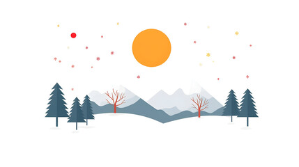 Obraz premium Winter Landscape Illustration: Snowy Mountains, Trees, and Sun
