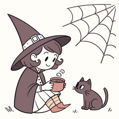Halloween Witch. Pen ad ink illustration of a cute little witch and her cat. Check out my 