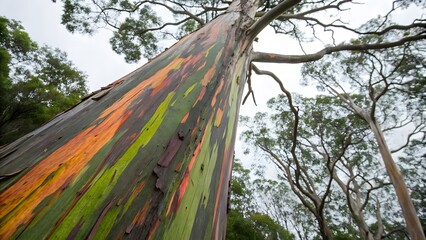 Rainbow Eucalyptus Tree: A vibrant rainbow eucalyptus tree stands tall, its multi-hued bark displaying nature's artistic prowess.