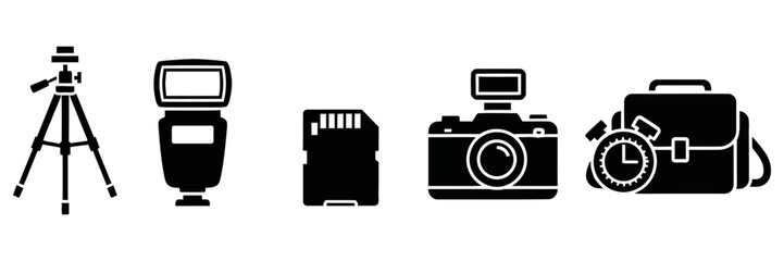 Vector icons essential photography equipment set with camera, tripod, flash, memory card, and bag for creative digital use.
