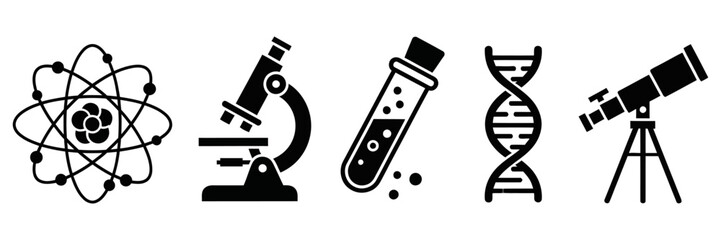 Vector science icons atom, microscope, test tube, DNA, telescope symbols for research, education, discovery.