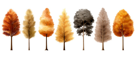 Set of Seasonal Minimalistic Trees Illustration Isolate on Transparent Background, cutout, png