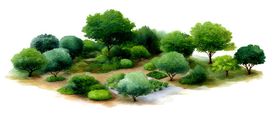 Watercolor Lush Green Orchard with Diverse Trees and Garden Space Illustration Isolate on Transparent Background, cutout, png