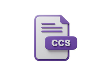 紫色のCCSテキストを持つ白いファイル形式アイコン3Dレンダリング透明な背景