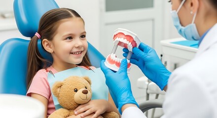 Young Girl Smiling During Dental Checkup with Friendly Dentist Explaining Oral Hygiene Using a Model Jaw and Embracing Her Teddy Bear for Comfort