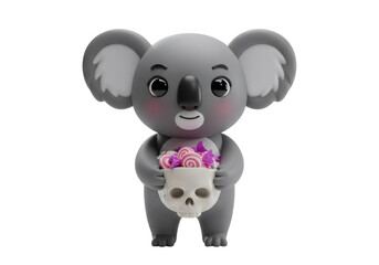 Fototapeta premium 頭蓋骨の容器に入ったキャンディーを持つ灰色のコアラ キャラクターの3Dレンダリングイラスト 透明な背景