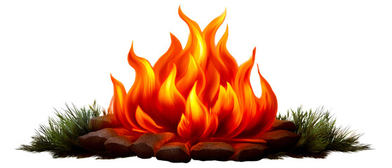 Vibrant Flames Erupting from Campfire with Natural Elements Isolate on Transparent Background, cutout, png