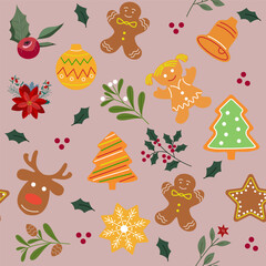 Seamless pattern with gingerbread cookies and berries and twigs Christmas background for festive designs Vector illustration