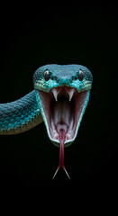 Fototapeta premium Striking headshot of an aggressive blue viper snake, its jaws wide open in a fearsome display of venomous fangs and a flickering tongue