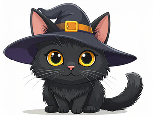A cute black kitten with a hat, with sweet eyes, and a curled tail
