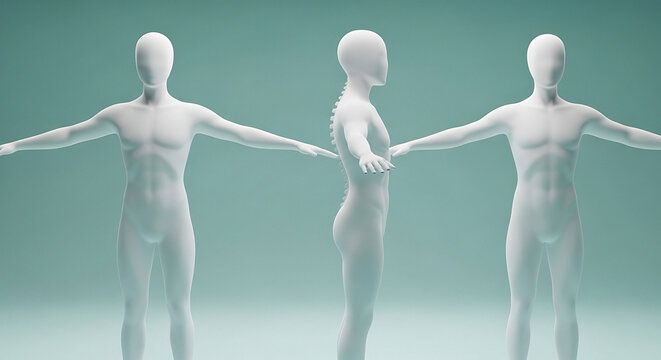 Three figures in t pose showing front and side view with light blue background in a studio setting