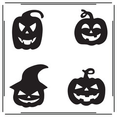 Black Halloween Pumpkin Illustrations - Silhouettes of Scary & Smiling Jack-o'-Lantern Faces, Witch Hat Design, Halloween Party Decorations, Spooky Holiday Icons