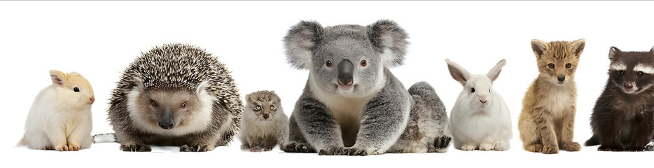 Fototapeta premium Fullbody photo of multiple animals including a hedgehog and a koala on a white background A raccoon is sitting next to the other animals