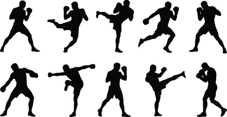 Martial arts silhouette, kickboxing pose, fighter stance, combat training, Muay Thai action, boxing movement, self defense, fitness, athlete, power