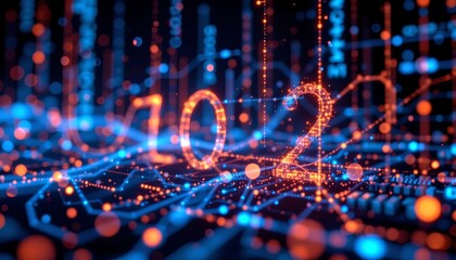 a digital display of data, with floating number strings overlaid on a blue toned, grid like pattern that suggests technology and connectivity.