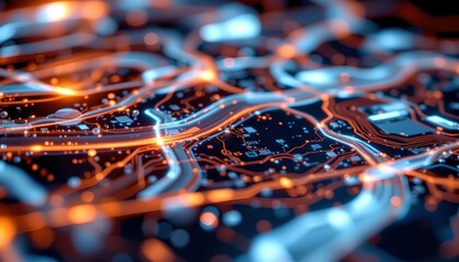 a striking contrast between the intricate complexity of a microscopic structure that resembles a network or circuit board, with its dense interconnections and precision,