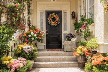 Naklejka premium Charming Front Entrance Adorned with Vibrant Floral Displays and Elegant Doormat