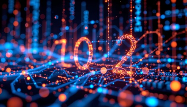 a digital display of data, with floating number strings overlaid on a blue toned, grid like pattern that suggests technology and connectivity.