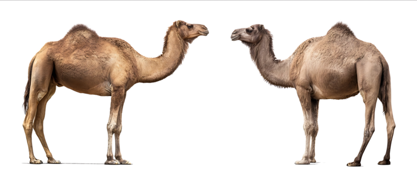 Two sidebyside camels isolated on a white background with a clipping path in fullbody standing front and back views