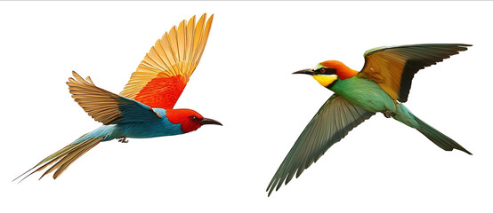 Colorful flying parrot and colorful beeeater bird isolated on a white background detailed photograph PNG format
