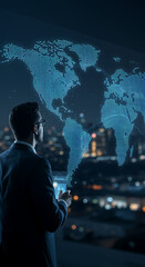 Global Business Vision Executive Contemplating World Map at Night
