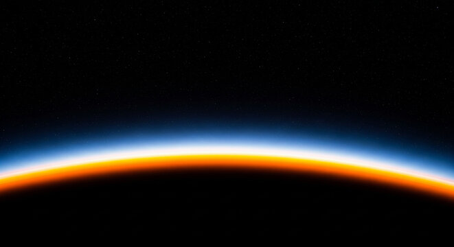 A minimalist and powerful image of the Earth's horizon as seen from space, showcasing the vibrant atmospheric layers - Powered by Adobe