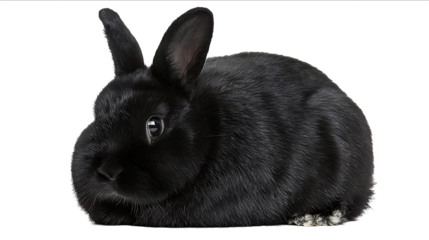 Black and white rabbit isolated on a transparent background cutout in a PNG file with a clipping path for postproduction Studio shot of a black bunny sitting