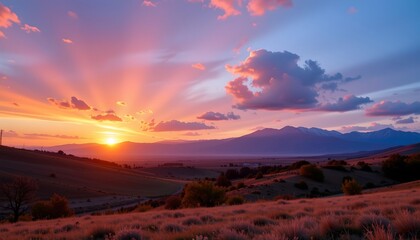 Obraz premium a serene sunset over a landscape dotted with trees. the sun is positioned low in the sky, casting long shadows and bathing the scene in warm hues of orange and pink