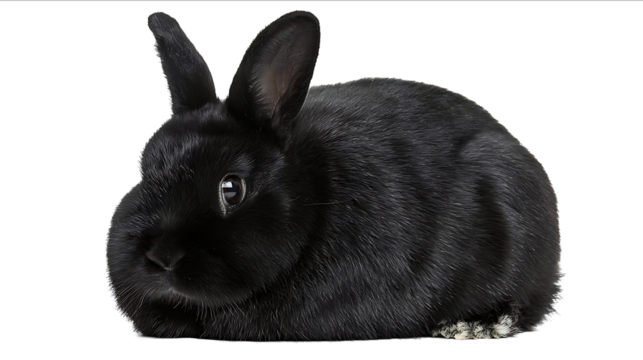 Black and white rabbit isolated on a transparent background cutout in a PNG file with a clipping path for postproduction Studio shot of a black bunny sitting