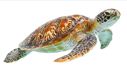 Photo of a sea turtle swimming side view isolated on a white background