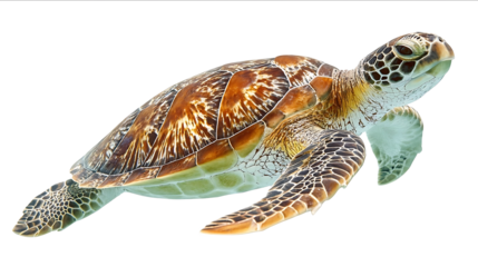 Photo of a sea turtle swimming side view isolated on a white background