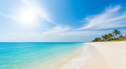 Tropical beach with white sand and turquoise water.