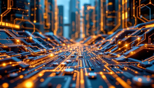 an expansive network of intricate circuitry that resembles a cityscape. it's a digital rendering, characterized by interconnected nodes and pathways