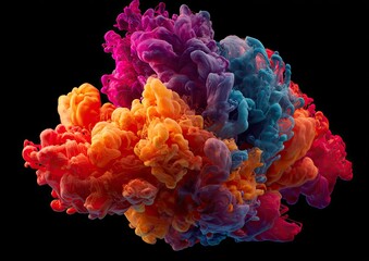 Abstract ink cloud explosion.  Vibrant swirling colors against black backdrop