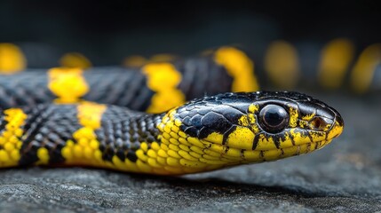 Charming Serpent: Intimate Close-Up of a Yellow and Black Striped Reptile in its Natural Habitat