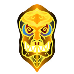 Fierce tribal mask logo with golden yellow tones and sharp ornamental shapes.