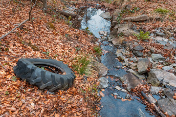 Old tire polluting a stream flowing through a forest in autumn, highlighting environmental damage